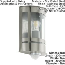 Loops IP44 Outdoor Wall Light & PIR Sensor Stainless Steel 1 x 60W E27 Bulb in Metallics - thumbnail 2