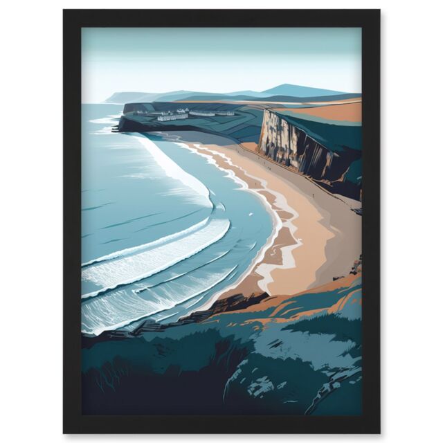 Artery8 Rhossili Bay Cliffs Over Beach Coastal Landscape Artwork Framed Wall Art Print A4 in Black - image 1