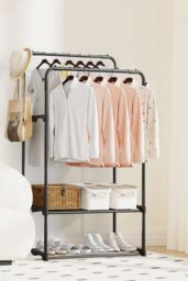H&O Direct Modern Bedroom Clothes Rack Double Rod in Black