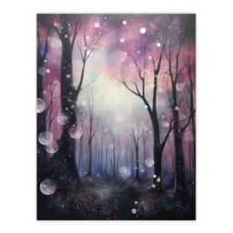 Artery8 Wall Art Print Enchanted Forest Bubbles Oil Painting Pink Blue Winter Tree Silhouettes Misty Fantasy Landscape Colourful Magical Nature - thumbnail 1