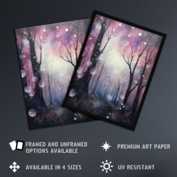 Artery8 Wall Art Print Enchanted Forest Bubbles Oil Painting Pink Blue Winter Tree Silhouettes Misty Fantasy Landscape Colourful Magical Nature - thumbnail 2