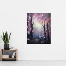 Artery8 Wall Art Print Enchanted Forest Bubbles Oil Painting Pink Blue Winter Tree Silhouettes Misty Fantasy Landscape Colourful Magical Nature - thumbnail 4