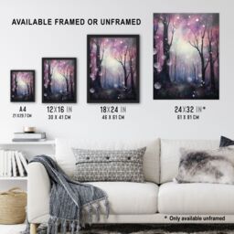 Artery8 Wall Art Print Enchanted Forest Bubbles Oil Painting Pink Blue Winter Tree Silhouettes Misty Fantasy Landscape Colourful Magical Nature - thumbnail 3
