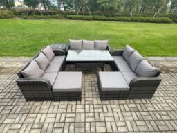 Fimous Wicker PE Rattan Sofa Outdoor Garden Furniture Set with Rectangular Dining Table 2 Big Footstool Side Table Dark Grey Mixed - thumbnail 1