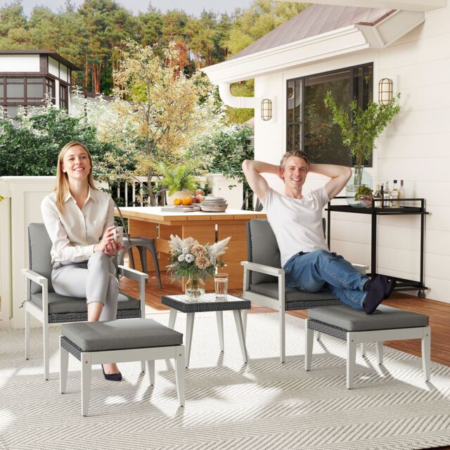 OUTSUNNY 5-Pieces Rattan Patio set with Acacia Wood Top Coffee Table in Grey - image 1