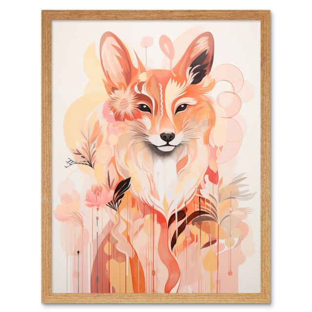 Artery8 Wall Art Print Floral Fox Spirit Animal Boho Calm Pastel Colour Artwork Orange Pink Abstract Woodland Creature Flowers Art Framed - image 1