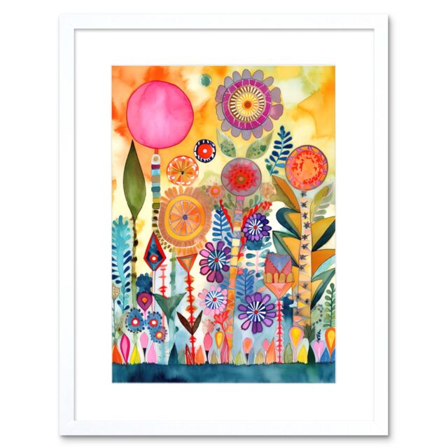 "Artery8 Wall Art Print Garden Flowers In Spring Folk Art Watercolour Painting Artwork Framed 9X7 Inch in White - Size: W7"" x H9""" - image 1