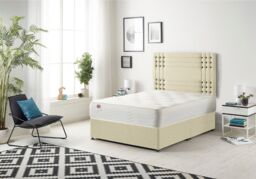 Somnior Flexby Linen Fabric Divan Bed with Orthopeadic Sprung Memory Foam Mattress & Headboard in Cream - Size: Small Single - thumbnail 1
