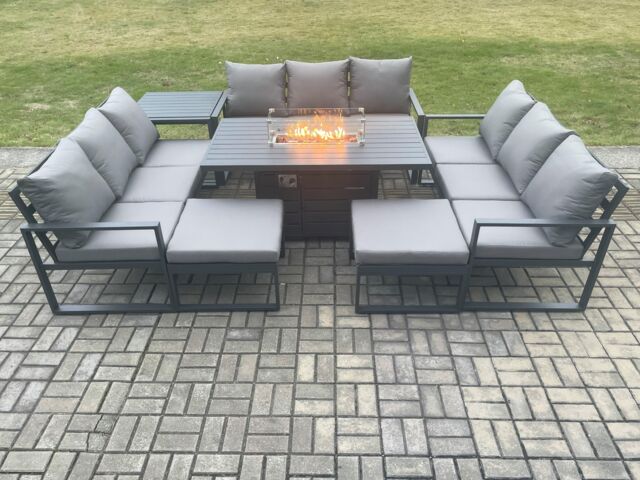 Fimous Aluminium 11 Seater Garden Furniture Outdoor Set Patio Lounge Sofa Gas Fire Pit Dining Table Set with 2 Big Footstools Side Table in Dark Grey - image 1