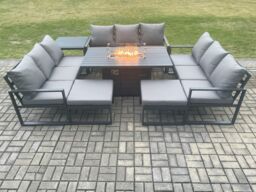 Fimous Aluminium 11 Seater Garden Furniture Outdoor Set Patio Lounge Sofa Gas Fire Pit Dining Table Set with 2 Big Footstools Side Table in Dark Grey - thumbnail 1