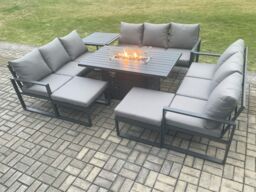 Fimous Aluminium 11 Seater Garden Furniture Outdoor Set Patio Lounge Sofa Gas Fire Pit Dining Table Set with 2 Big Footstools Side Table in Dark Grey - thumbnail 2