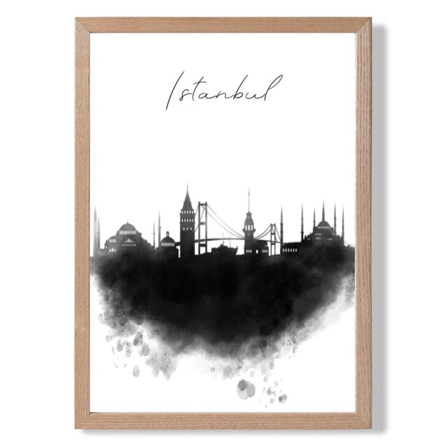 ARTZE Istanbul Watercolour Skyline City Framed Print SIZE: A3 with Oak Frame in Black - Size: A4 - image 1