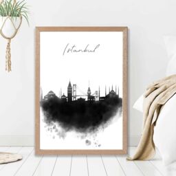 ARTZE Istanbul Watercolour Skyline City Framed Print SIZE: A3 with Oak Frame in Black - Size: A4 - thumbnail 2
