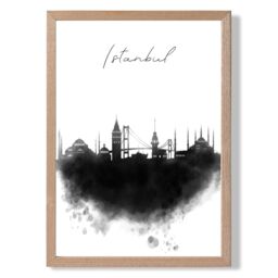 ARTZE Istanbul Watercolour Skyline City Framed Print SIZE: A3 with Oak Frame in Black - Size: A4 - thumbnail 1