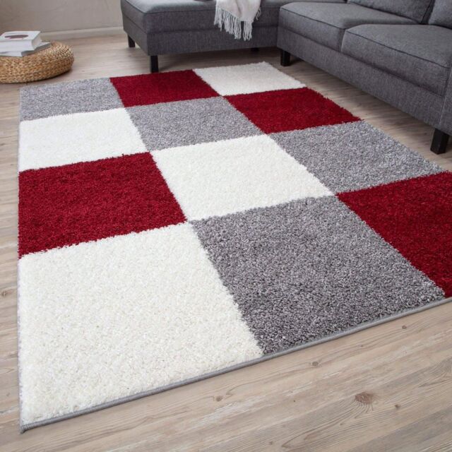THE RUGS Soft Red Ivory Check High Pile Shaggy Rugs & Runners Living Room - Size: 80 cm x 300 cm - image 1
