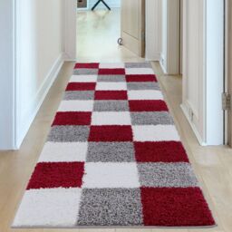 THE RUGS Soft Red Ivory Check High Pile Shaggy Rugs & Runners Living Room - Size: 80 cm x 300 cm - thumbnail 9