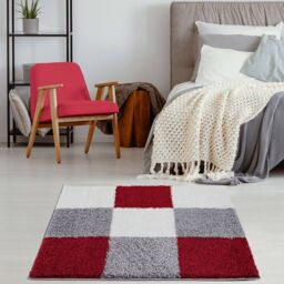 THE RUGS Soft Red Ivory Check High Pile Shaggy Rugs & Runners Living Room - Size: 80 cm x 300 cm - thumbnail 7