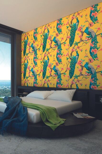 Origin Murals Flowery Peacocks Yellow Matt Smooth Paste the Wall Mural 350cm wide x 280cm high - Size: W350 cm x H280 cm - image 1
