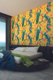 Origin Murals Flowery Peacocks Yellow Matt Smooth Paste the Wall Mural 350cm wide x 280cm high - Size: W350 cm x H280 cm