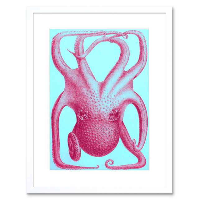"Artery8 Wall Art Print Pink Octopus Art Framed 9x7 inch in White - Size: W7"" x H9""" - image 1