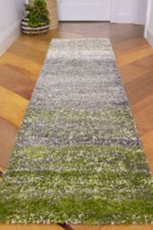 Kukoon Runner Rug Dark Green Striped Mottled Shaggy Long Hallway Rugs - Size: 60 cm x 240 cm - thumbnail 1