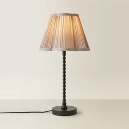 ValueLights Maeve Pleated Faux Silk Scallop Shade Matte Black Bobbin Table Lamp with Bulb in Light Grey - thumbnail 6