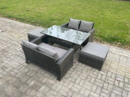 Fimous 6 Seater PE Wicker Rattan Garden Furniture Set Love Sofa Outdoor Rectangular Dining Table 2 Big Footstool Dark Grey Mixed - thumbnail 1