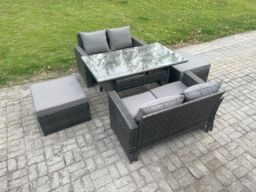 Fimous 6 Seater PE Wicker Rattan Garden Furniture Set Love Sofa Outdoor Rectangular Dining Table 2 Big Footstool Dark Grey Mixed - thumbnail 2