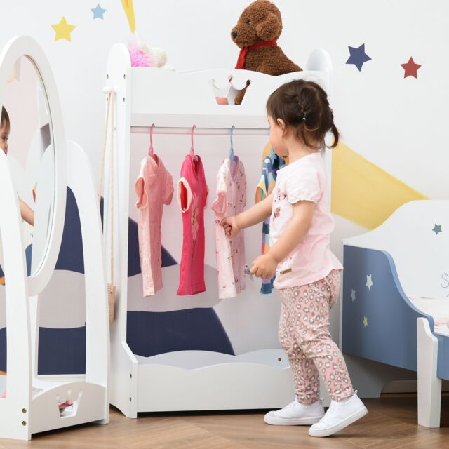 HOMCOM Kids Wood Clothes Rack Hall Tree with Storage Shelves Freestanding Wardrobe in White - image 1
