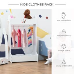 HOMCOM Kids Wood Clothes Rack Hall Tree with Storage Shelves Freestanding Wardrobe in White - thumbnail 4