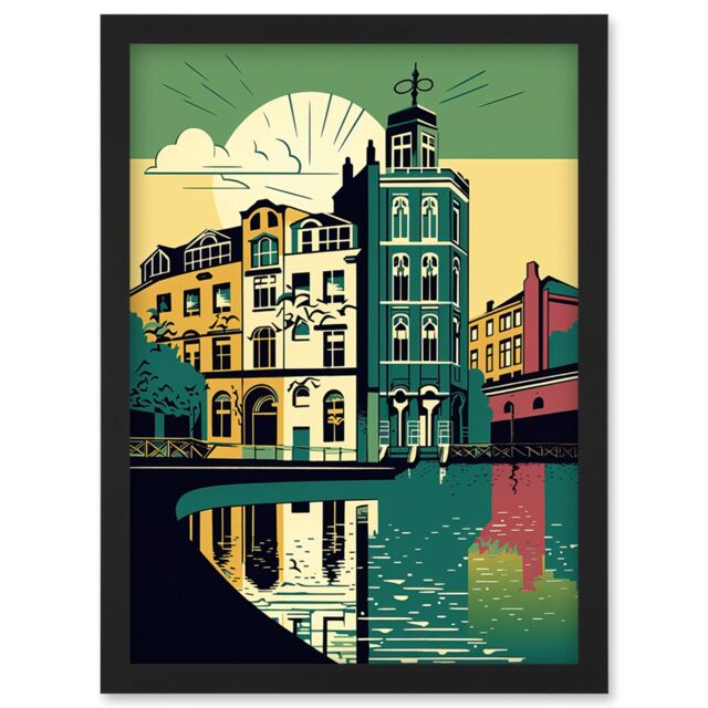 Artery8 Leeds City Architecture Waterfront Illustration Artwork Framed Wall Art Print A4 in Black - image 1