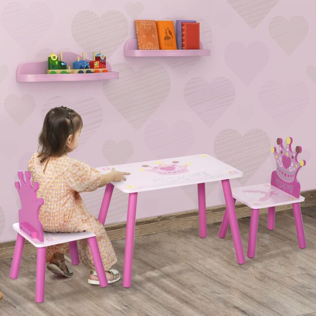 HOMCOM 3 Pcs Kids Princess & Crown Chair Table Set Home Furniture 2-4 Years Pink - image 1