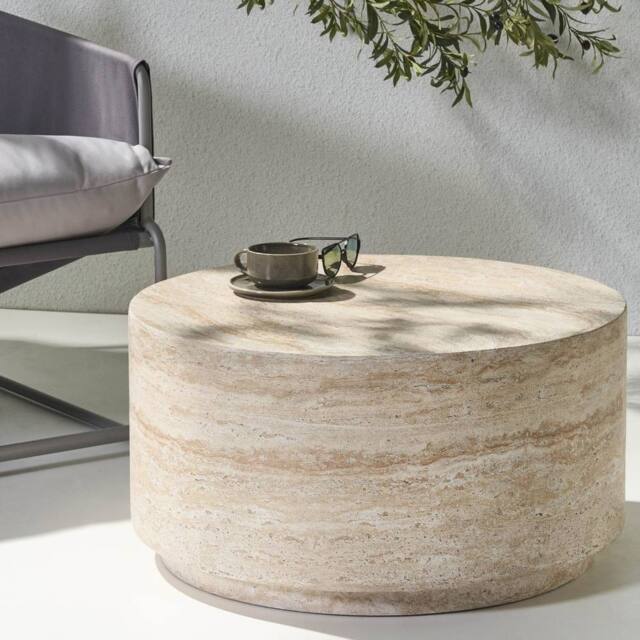 Wyld and Coco Round Coffee Table Beige Travertine Effect Ceramic Top No Assembly - image 1