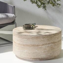 Wyld and Coco Round Coffee Table Beige Travertine Effect Ceramic Top No Assembly - thumbnail 1