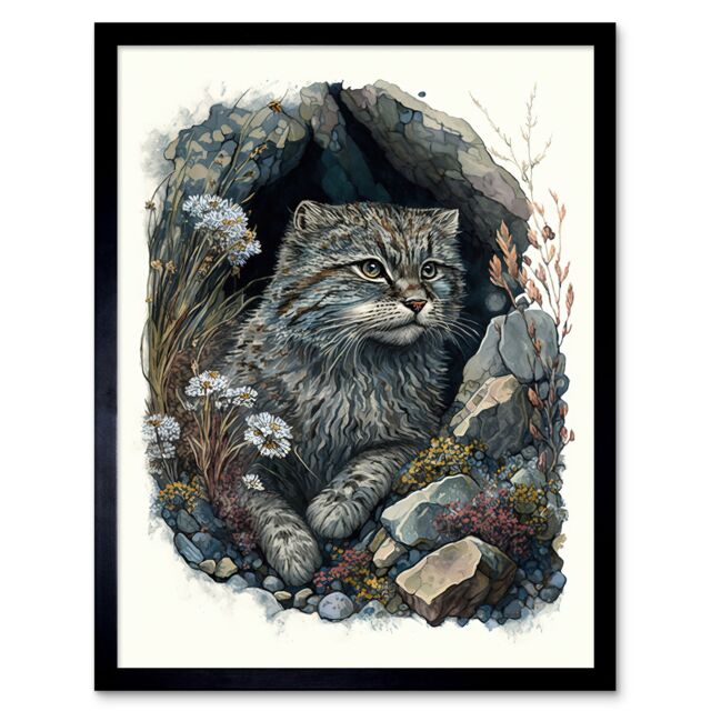 "Artery8 Wall Art Print Wild Cat in Rock Cavity with Wildflowers Detailed Watercolour Art Framed in Black - Size: W12"" x H16""" - image 1