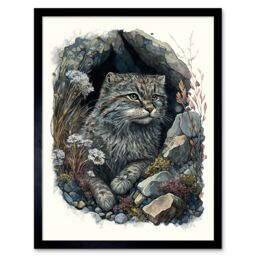 "Artery8 Wall Art Print Wild Cat in Rock Cavity with Wildflowers Detailed Watercolour Art Framed in Black - Size: W12"" x H16""" - thumbnail 1