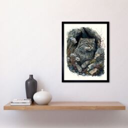 "Artery8 Wall Art Print Wild Cat in Rock Cavity with Wildflowers Detailed Watercolour Art Framed in Black - Size: W12"" x H16""" - thumbnail 2