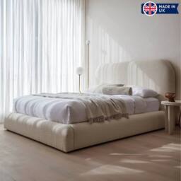 KDMD Curve Boucle Upholstered Latte Premium Platform Bed Frame in Light Khaki - Size: Small Double - thumbnail 5