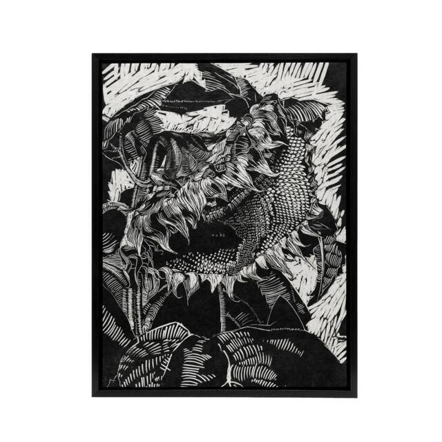"Artery8 Sunflower Stylised Flower Bloom Reijer Stolk Framed Canvas Wall Art in Black - Size: W12"" x H16""" - image 1