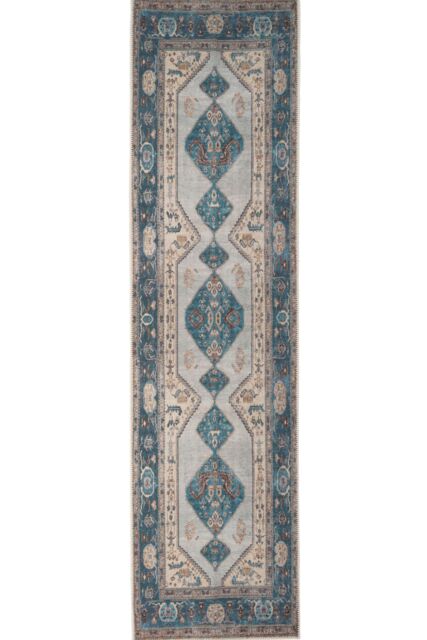 Kukoon Teal Bordered Distressed Hallway Runner Rug Non Slip & Washable in Turquoise - Size: 60 cm x 240 cm - image 1