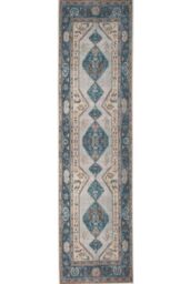 Kukoon Teal Bordered Distressed Hallway Runner Rug Non Slip & Washable in Turquoise - Size: 60 cm x 240 cm