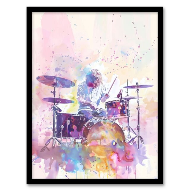 "Artery8 Rainbow Modern Watercolour Portrait Drummer Drums Framed Art Print in Purple - Size: W12"" x H16""" - image 1