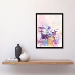 "Artery8 Rainbow Modern Watercolour Portrait Drummer Drums Framed Art Print in Purple - Size: W12"" x H16""" - thumbnail 4