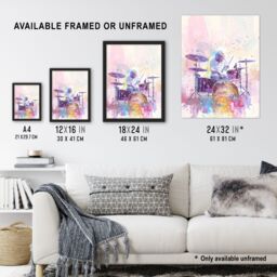 "Artery8 Rainbow Modern Watercolour Portrait Drummer Drums Framed Art Print in Purple - Size: W12"" x H16""" - thumbnail 3