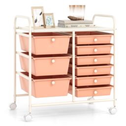 Costway 9-Drawer Rolling Storage Cart Tools Scrapbook Paper Organizer in Pink