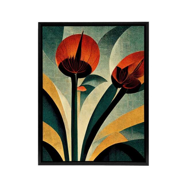 "Artery8 Abstract Art Deco Flowers Floral Framed Canvas Wall Art Print - Size: W18"" x H24""" - image 1