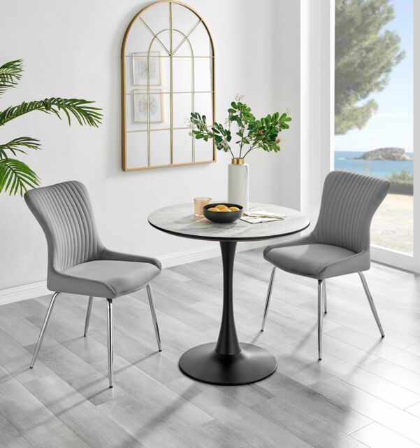 FurnitureboxUK Elina White Marble Effect Scratch Resistant Dining Table & 2 Nora Silver Leg Velvet Chairs in Light Grey - image 1