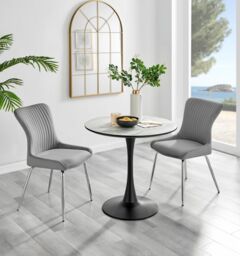 FurnitureboxUK Elina White Marble Effect Scratch Resistant Dining Table & 2 Nora Silver Leg Velvet Chairs in Light Grey