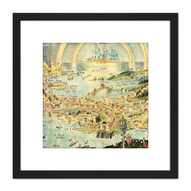 Artery8 Sleigh 1918 Pictorial Fantasy Ancient Fairyland Map 8X8 Inch Square Wooden Framed Wall Art Print Picture with Mount in Black - image 1