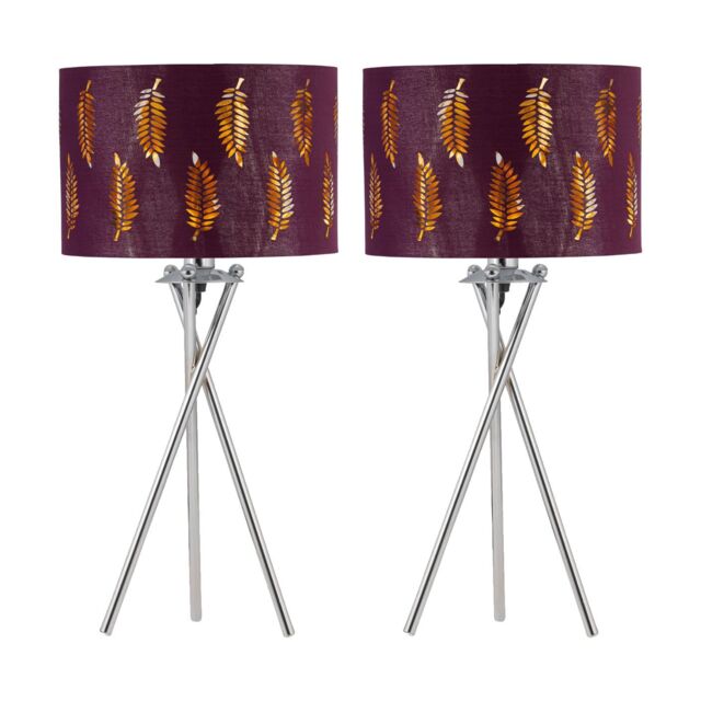 First Choice Lighting Set of 2 Chrome Tripod Table Lamps with Burgundy Fern Cut Out Shades in Silver - image 1